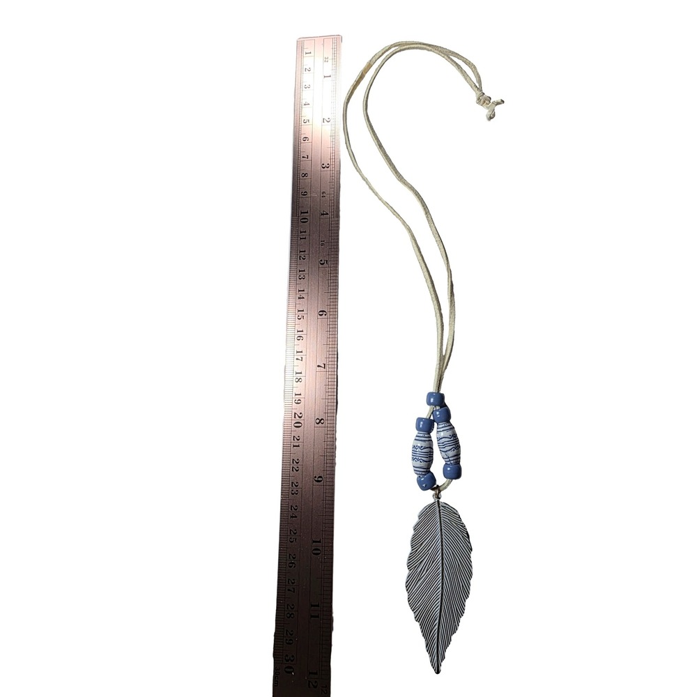 Boho Blue Beaded Feather Pendant Long Cord Necklace white and Gold Tone Tribal - Picture 3 of 11